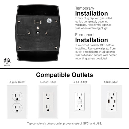 GE 6-Outlet Extender Wall Tap, Grounded Adapter, Charging Station, 3-Prong, Secure Install, ETL Listed, Black, 54840