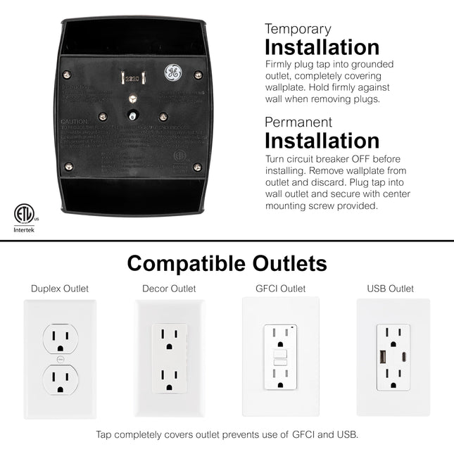 GE 6-Outlet Extender Wall Tap, Grounded Adapter, Charging Station, 3-Prong, Secure Install, ETL Listed, Black, 54840