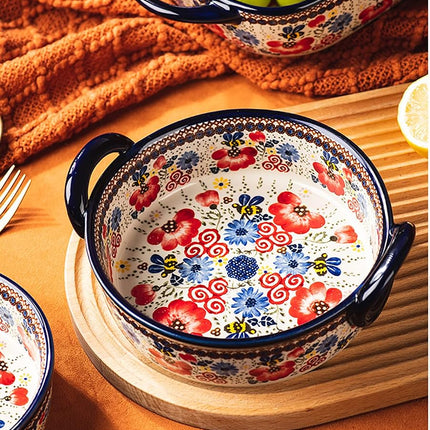Bicuzat Vintage Flowers Style Ceramic Bakeware Casserole Dish Baking Pan Lasagna Pans Baking Dish with Handles for Oven/Cooking/Kitchen-1 PCS-Red Flowers-32 OZ