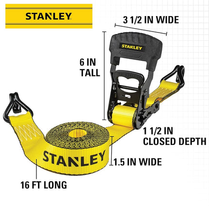 STANLEY S1007 Black/Yellow 1.5" x 16' Ratchet Tie Down Straps - 1,100 lb Safe Working Load / 3,300 lb Break Strength, 2 Pack