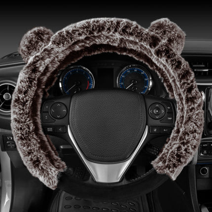BDK Bear Fur Steering Wheel Cover, Plush Faux Fur Fuzzy Steering Cover for Car Truck Van SUV, Standard Size Fits Wheels 14.5-15 in Diameter, Brown with Ears