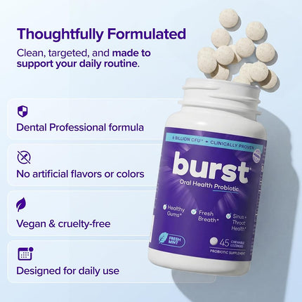 Dental Probiotic for Oral Health, 6 Billion CFU, by BURST, For Bad Breath and Tonsil Stones, Immune System Support, Sinus Support, BLIS K12 & M18 - 45 Count [PACKAGING MAY VARY]