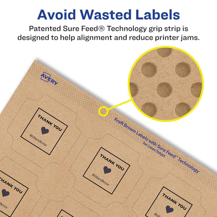 Avery Kraft Brown Square Scalloped Labels with Sure Feed, 1-5/8" x 1-5/8", 1,000 Kraft Brown Labels, Print-to-The-Edge, Laser/Inkjet Printable Labels
