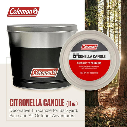 Coleman Outdoor Citronella Candle, Decorative Tin Bucket Candle for Patio, Backyard, Camping, and Outdoor Use, Up to 25 Hours Burn Time, 11oz