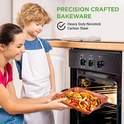 NutriChef 10-Piece Non-Stick Baking Pans Set - Premium Nonstick Carbon Steel Oven Bakeware - Includes Cookie Sheets, Muffin & Cake Pans, Pizza Crisper, Roasting Pans, w/Silicone Handles - Copper