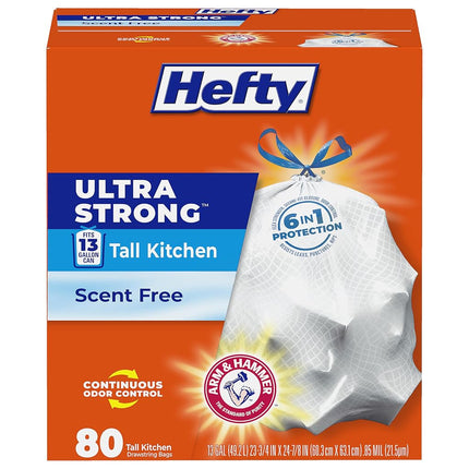 Hefty Ultra Strong Trash Bags (Scent Free, Tall Kitchen Drawstring, 13 Gallon, 80 Count) Fits All Simplehuman Size J Cans