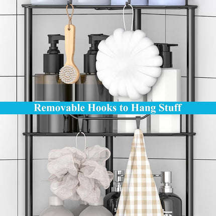 HuggieGems 3 Tier Floor Standing Corner Shower Caddy Organizer Shelf with Hooks, Bathroom Shelves Stand Rack, Black