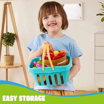 JOYIN 69-Piece Montessori Play Food Set- Cutting Fruits & Vegetables Toys for Toddlers 3-5, Pretend Kitchen with Shopping Basket, Educational Sorting & Counting Games for Daycare. (BPA Free)