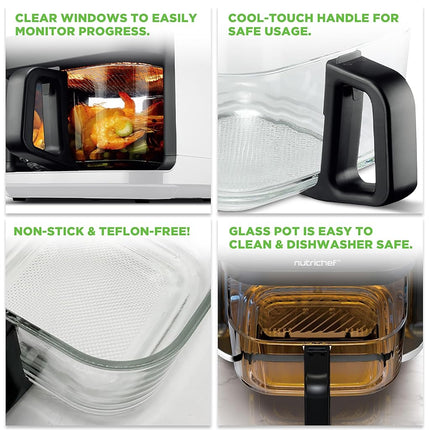 Nutrichef 5.5L Air Fryer with Transparent Glass Basket & Visible Cooking Window, 8 in 1 Preset Cook Modes, Precise Temperature Control & Timer, Easy Clean Dishwasher Safe, White