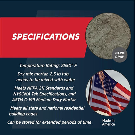 Rutland Dry Mix 211 Refractory Mortar 2.5 Pound - USA-Made High Temperature Mortar for Masonry - 2550 °F Fire Cement Patch for Fireplace Brick, Fire Pit, Kiln, Forge & Pizza Oven Repair