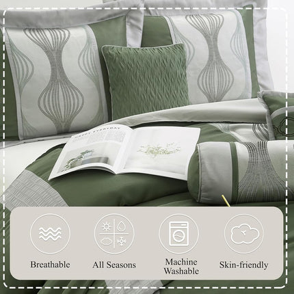 Stratford Park 7 Piece Green Comforter Set, King Size Jacquard Bedding Set, All Season Geometric Patchwork Bedding Set, Matching Pillows, Shams, Bed Skirt