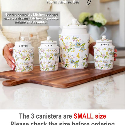25DOL Coffee Tea Sugar Canister Set with Airtight Lids - Elegant Flower Kitchen Canisters Set of 3 Pantry Jars Containers - Decorative Ceramic Canister Set for Countertop or Coffee Bar - 13.5 Ounce …