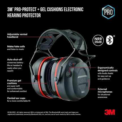 Protector auditivo electrónico 3M Pro-Protect + Almohadillas de gel, índice de reducción de ruido (NRR) 26 dB, orejeras Bluetooth, altavoces de alta fidelidad y micrófono integrado, almohadillas de gel premium (90545-SIOC)
