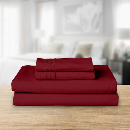 Elegant Comfort Luxurious 1500 Premium Hotel Quality Microfiber Three Line Embroidered Softest 4-Piece Bed Sheet Set, Wrinkle and Fade Resistant, Queen, Burgundy