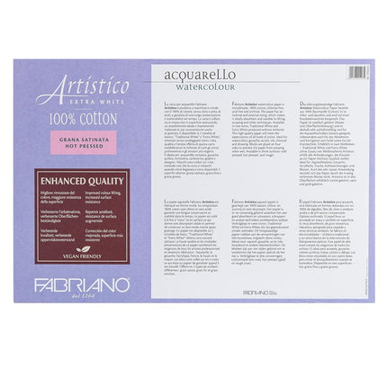 Fabriano Artistico Acquarello Watercolour, Extra White, Satin Hot Pressed, 30.5 x 45.5 cm, 20 Sheets of 300 g/m², High-Quality Artist Watercolour Cardboard, Glued on 4 Sides, Vegan