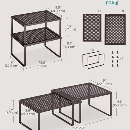 SONGMICS Cabinet Shelf Organizer, Set of 2 Metal Kitchen Counter Shelves, Stackable, Expandable Brown