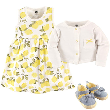 Hudson Baby Baby Girls' 3 Piece Dress, Cardigan, Shoe Set, Lemons, 0-3 Months (3M)