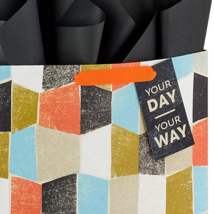 Hallmark 13" Large Gift Bag with Tissue Paper and Gift Tag (Your Day Your Way Orange, Black, Blue, Green) for Birthdays, Father's Day, Graduations, Retirements