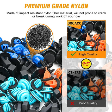 GOOACC 180PCS Car Bumper Retainer Clips - Nylon Push Fasteners - 180 Clips + 1 Tools - Automotive Body Panel Retention