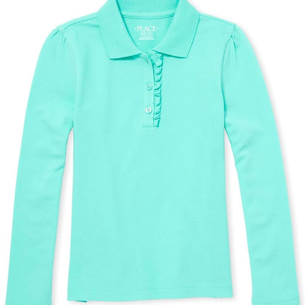 The Children's Place Girls' Long Sleeve Ruffle Pique Polo, Seafrost Single, Small