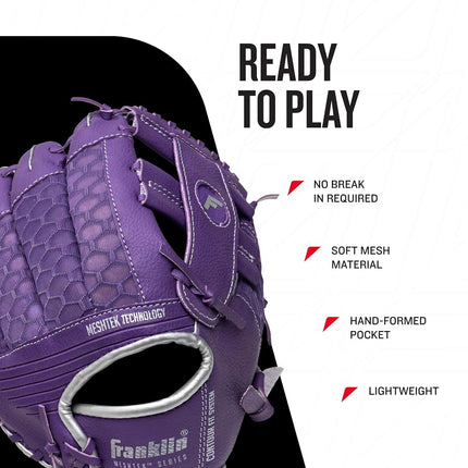 Franklin Sports Teeball Glove and Ball Set - Meshtek Teeball Glove and Foam Baseball - Purple/Silver - 9.5" Left Hand Throw, Purple/Chrome, (Model: 22809L)