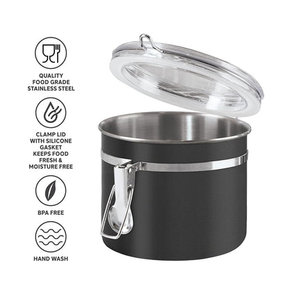 Oggi Stainless Steel Kitchen Canister 26 fl oz, Black - Airtight Clamp Lid, Clear See-Thru Top - Ideal for Kitchen Storage, Food Storage, Pantry Storage. Size 5" x 3.5".