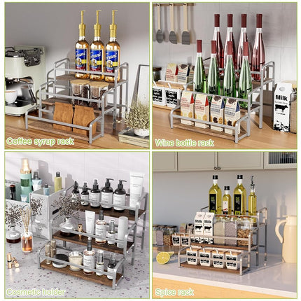 3-Tier Coffee Syrup Rack for Countertop, Large Capacity 12-Bottles Syrup Stand with Wood Shelf & Metal Frame for Coffee Bar, Premium Grey Coffee Organizer Station/Wine Rack for Kitchen Storage