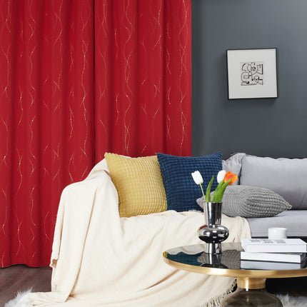 Deconovo Red Curtains 45 Inch Length - Light Blocking Blackout Drapes for Small Window, Grommet Top (52W x 45L Inch, Red, 2 Panels) Gold Wave Line and Dots Printed