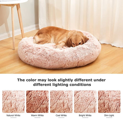 Bedfolks Calming Donut Dog Bed, 91CM Round Fluffy Dog Beds for Large Dogs, Anti-Anxiety Plush Dog Bed, Washable Pet Bed with Non-Slip Bottom (Pink, Large)
