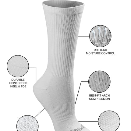 Dickies Women's Dri-tech Essential Moisture Control Crew Socks, Available in S-XL (6, 12 Casual, White Solid (6 Pairs), L (Pack of 6)