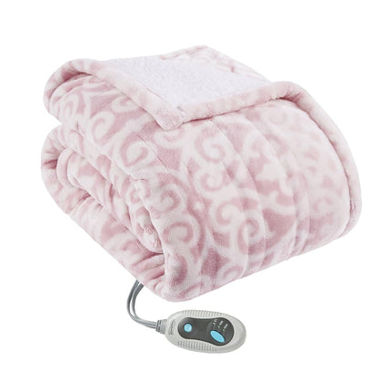 Couverture chauffante Beautyrest Ultra Soft Sherpa Berber Fleece Electric Poncho Wrap Blanket avec arrêt automatique, 50 po x 64 po, Blush Lattice