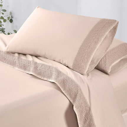 Modern Threads Pacific Coast Textiles 3 PIECE CROCHET LACE MICROFIBER SHEET SET BLUSH TWIN, Microfibre
