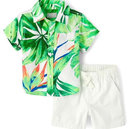 The Children's Place baby-boys And Newborn Short Sleeve Button Down Shirt and Shorts 2 Piece Outfit Set, Palm Tree, 3-6 Months