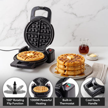 Ovente Electric Waffle Maker 1000W Power with Nonstick Plates and 180 Rotating Flip Function, Perfect for Cooking Belgian Waffles and Breakfast, Portable and Compact Design, Black WMF1440BR
