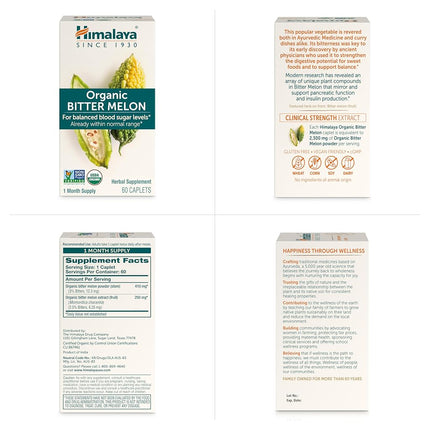 Himalaya Organic Bitter Melon/Karela, 60 Caplets for Balanced Blood Sugar Level, 660 mg, 1 Month Supply (1PACK)