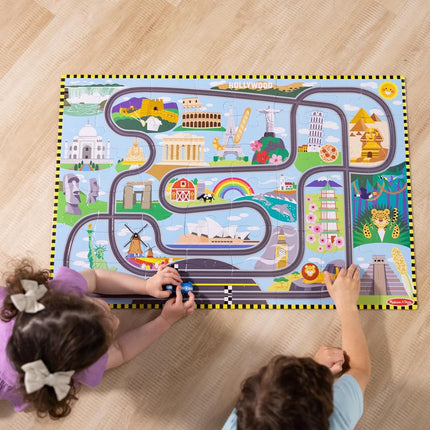 Melissa & Doug Race Around the World Tracks Cardboard Jigsaw Floor Puzzle and Wind-Up Vehicles | Educational Toys for Kids | Age 3+ - FSC Certified