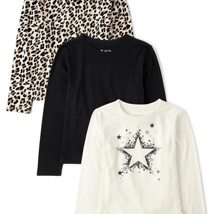 The Children's Place Girls' Long Sleeve Knit Fashion Shirt, Star/Black/Leopard 3-Pack, X-Small