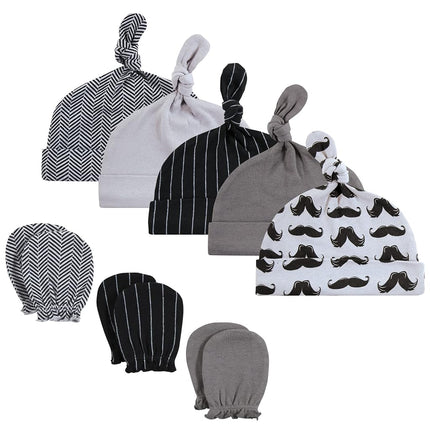 Hudson Baby Unisex Baby Cotton Cap and Scratch Mitten Set, Modern Mustache, 0-6 Months