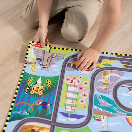 Melissa & Doug Race Around the World Tracks Cardboard Jigsaw Floor Puzzle and Wind-Up Vehicles | Educational Toys for Kids | Age 3+ - FSC Certified