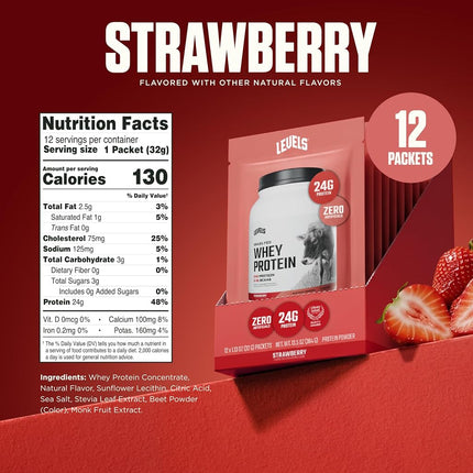 Levels Grass Fed Whey Protein Powder, No Artificials, 24G of Protein, Strawberry, 12 Count