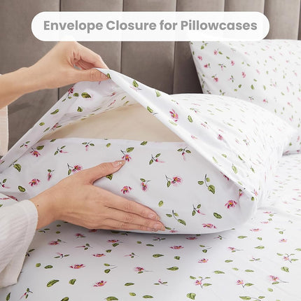 Mooreeke Floral Queen Sheets, Soft Breathable Microfiber Printed Bed Sheet Set, Deep Pocket Non-Slip Fitted Sheet Included, Flower Leaf Pattern