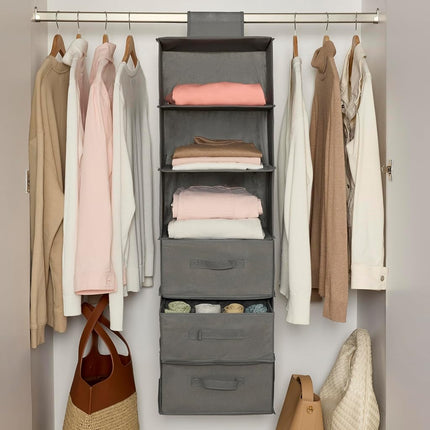 Amazon Basics Hanging Closet Shelf With 3 Removable Drawers, 6-Tier, Grey, 17.5D x 34.5W x 31H cm
