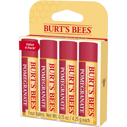 Bálsamo Labial Burt's Bees, Cuidado Labial Hidratante, para Hidratación todo el día, 100% Natural, Granada con Cera de Abejas y Extractos de Frutas (Paquete de 4)