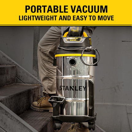 Stanley Wet/Dry Hanging Vacuum, 4.5 Gallon, 4 Horsepower, Stainless Steel Tank