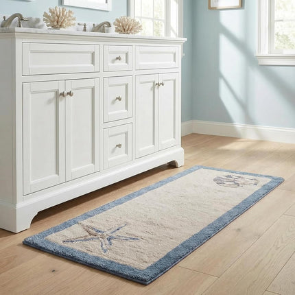 Madison Park Bayside 100% Cotton Tufted Non-Slip Absorbent Ultra Soft Seashells Beach Style Bath Mat Bathroom Rugs, 24X60 Inches Blue