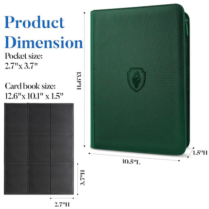 Fabmaker 9 Pocket Zipper Card Binder, 360 Pockets Trading Card Binder, Premium PU Binder for Cards, Side Loading Card Folders, Card Book Card Album for MTC, TCG, Game Cards, Sports Cards (Green)