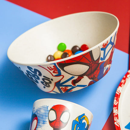 Zak Designs Marvel Spider-Man Vajilla para niños Incluye plato de 20 cm, tazón de 15 cm y vaso de 295 ml, Material de bambú melamina duradero y sostenible (Juego de 3 piezas, Spidey y sus sorprendentes amigos)