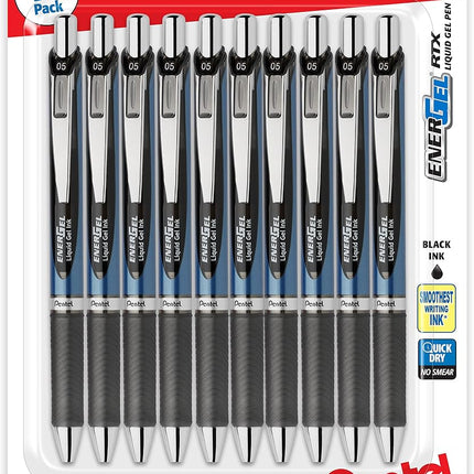 Pentel Energel 0.5 mm black needle tip pens, 10 Pack, Rtx Retractable Liquid Gel Pen, Great for Office, School & Home for Women & Men BLN75BP10A