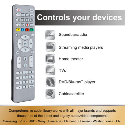 Control remoto universal GE de 4 dispositivos - Botones retroiluminados, reemplazo para Samsung, LG, Vizio, Sony, Roku y Apple TV, plateado, 48844