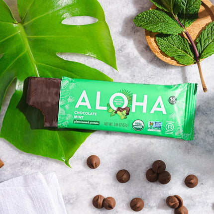 ALOHA Organic Plant Based Protein Bar, Chocolate Mint, 1.9 oz, 12 Count, Vegan, Gluten Free, Non-GMO, Stevia Free, Soy Free, Dairy Free